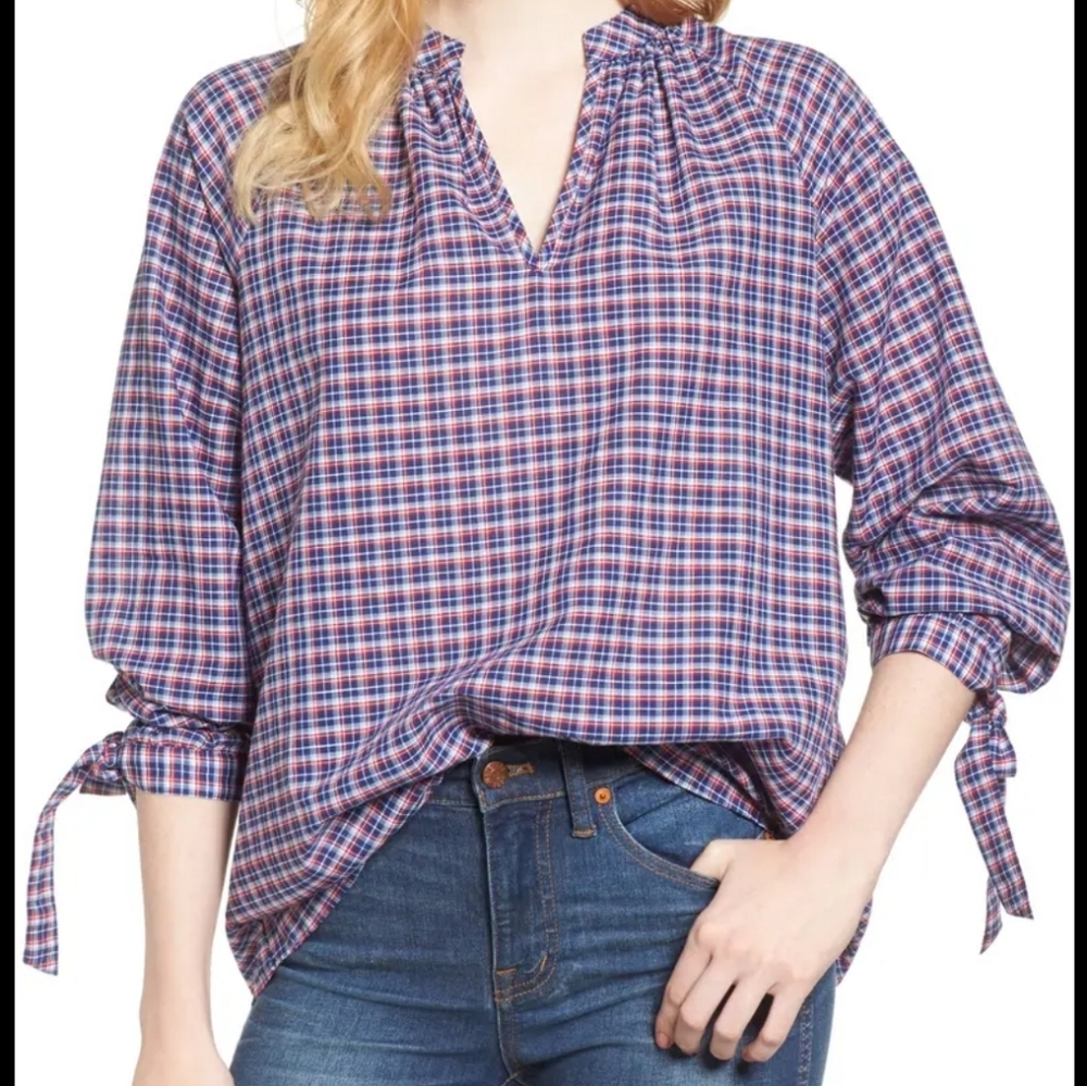 Madewell Plaid Cotton Popover Blouse